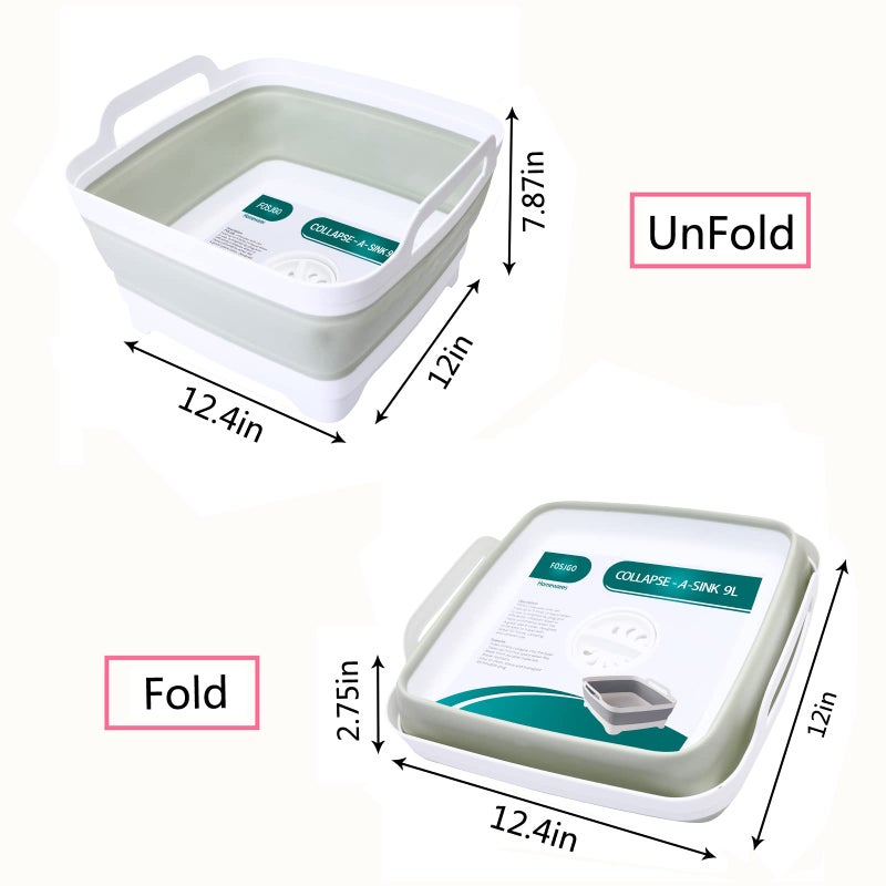 FOSJGO Collapsible Dish Basin with Drain Plug and Carry Handles - 9L Capacity, Portable Sink Tub for Camping and RV - Image 4